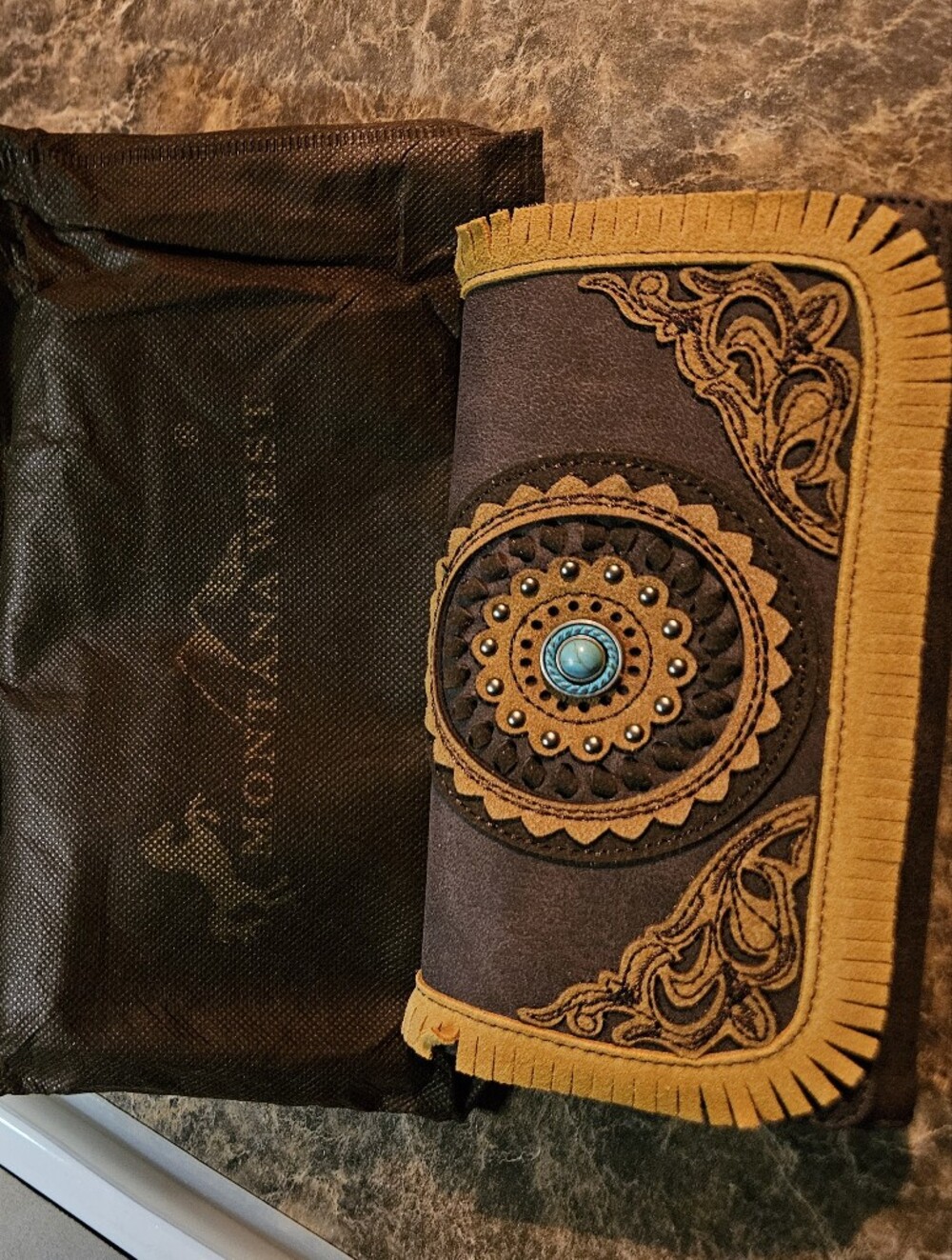 Montana West Brown and Mustard Fringe Western Wallet with Turquoise Concho